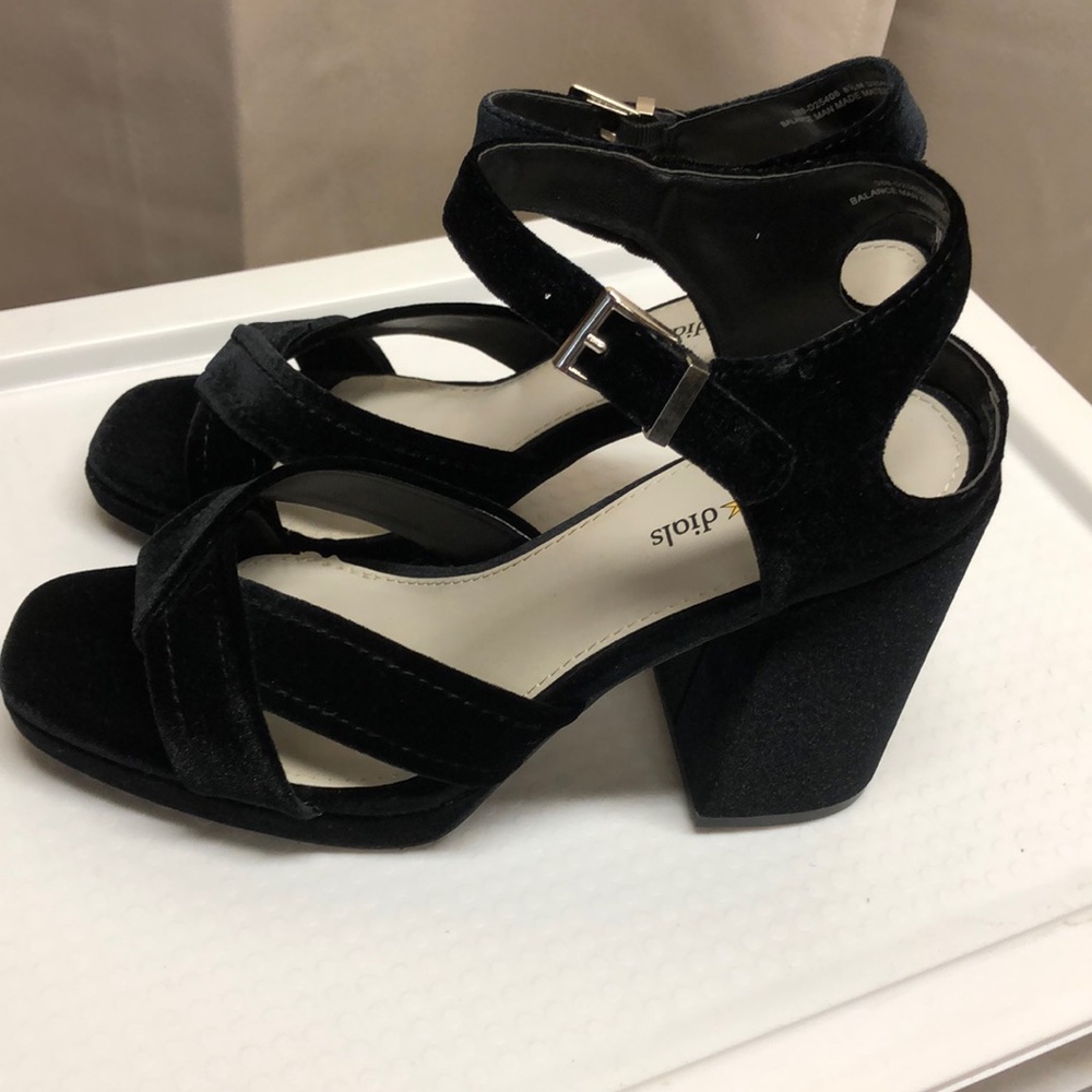 Seven dials black velvet black heels